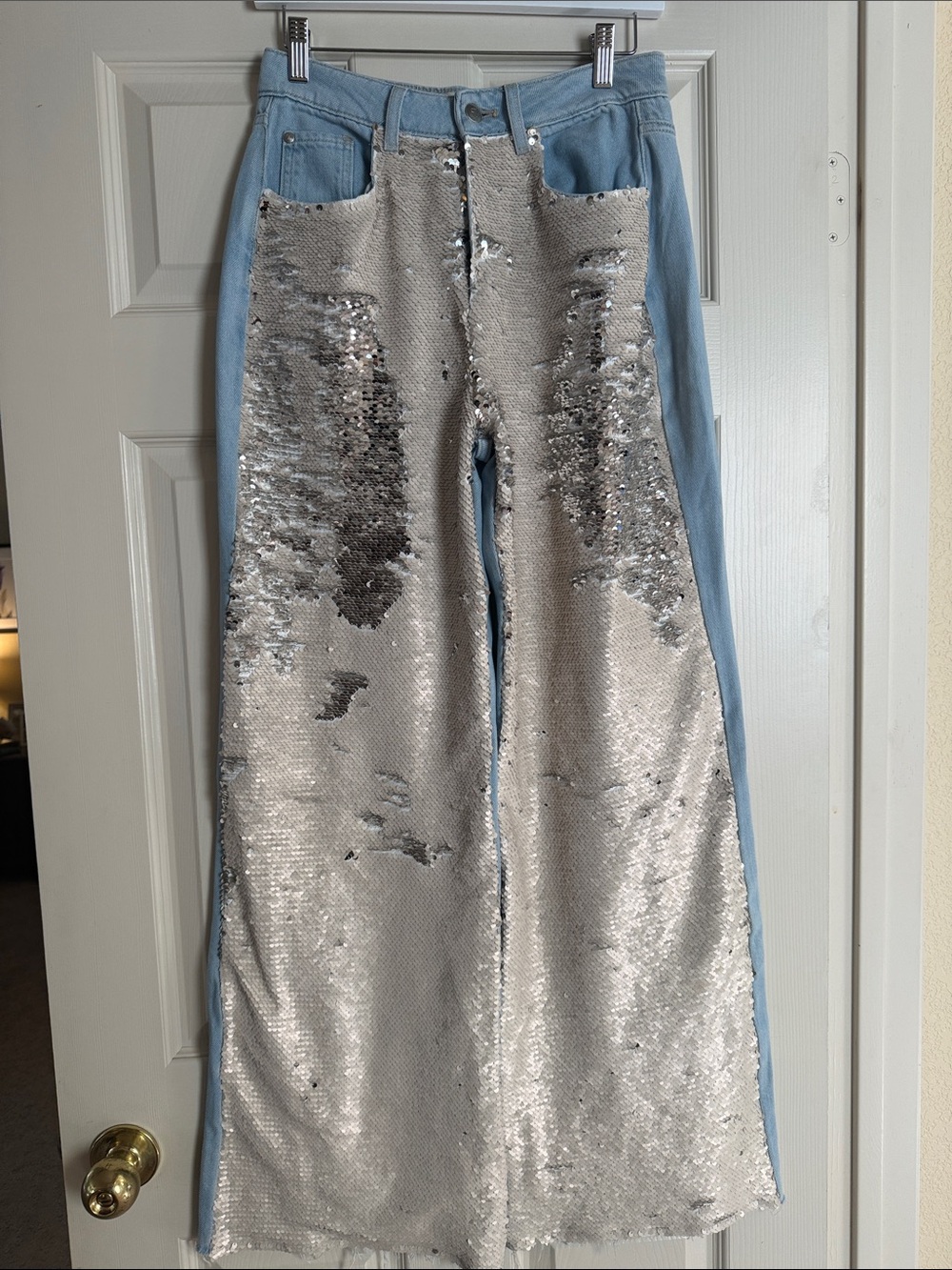 Pilcro Light Blue Denim & Silver Sequin Wide-Leg Jeans